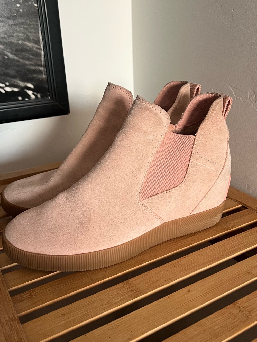 Sorrel Blush Pink Suede Wedge Chelsea Booties